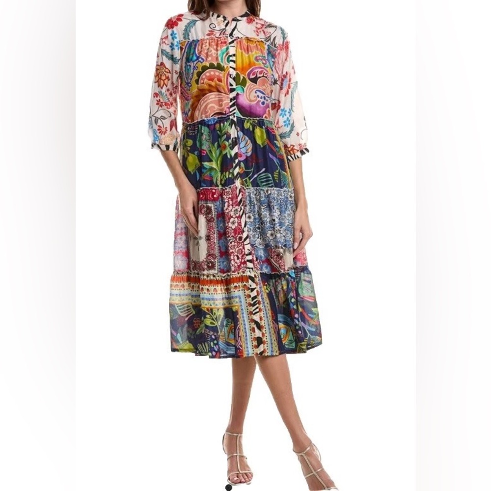 NWT JOHNNY WAS
Regia Silk Patchwork Boho Print Split V-Neck Tiered Midi Dress